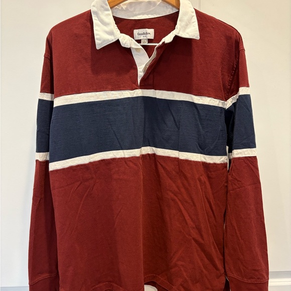 Goodfellow & Co Men's Maroon and Navy Rugby Polo with White Collar Size L - Picture 2 of 4